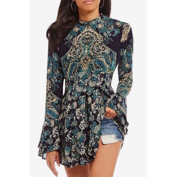 Free People Lady Luck Printed Long Sleeve Paisley Boho Blouse Size XS Whimsical - Picture 2 of 9